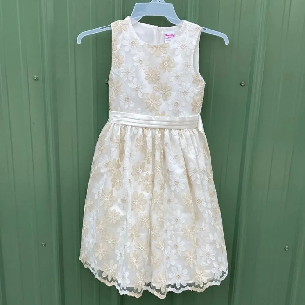 Girls Nannette Kids Floral Gold & Cream Color Formal Sleeveless Dress Size 12